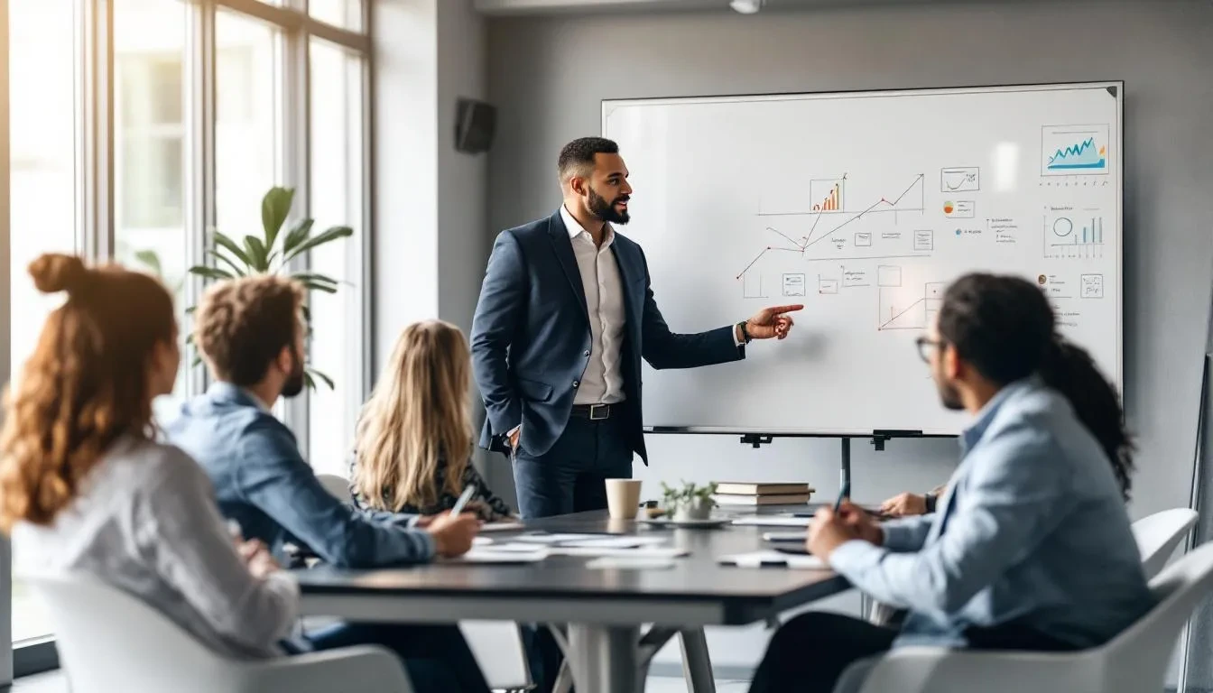 A business leader is facilitating an engaged team meeting, demonstrating strong leadership and effective communication skills while encouraging active listening and critical thinking among team members. The atmosphere promotes collaboration and problem-solving, highlighting the importance of soft skills in achieving project success and fostering strong interpersonal relationships.